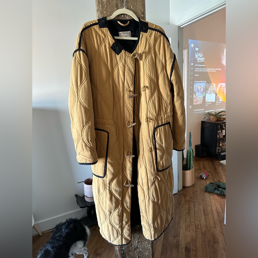 Free People quilted longline jacket in tan. Size medium